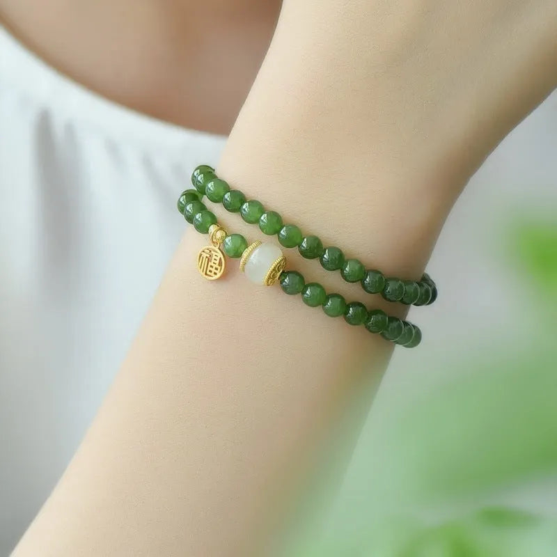Natural Hetian jade double circle bracelet with fu character engraving