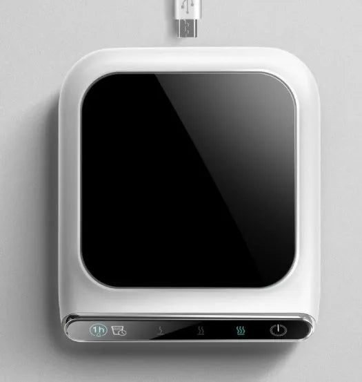 Black USB cup warmer with tempered glass heating plate and temperature controls