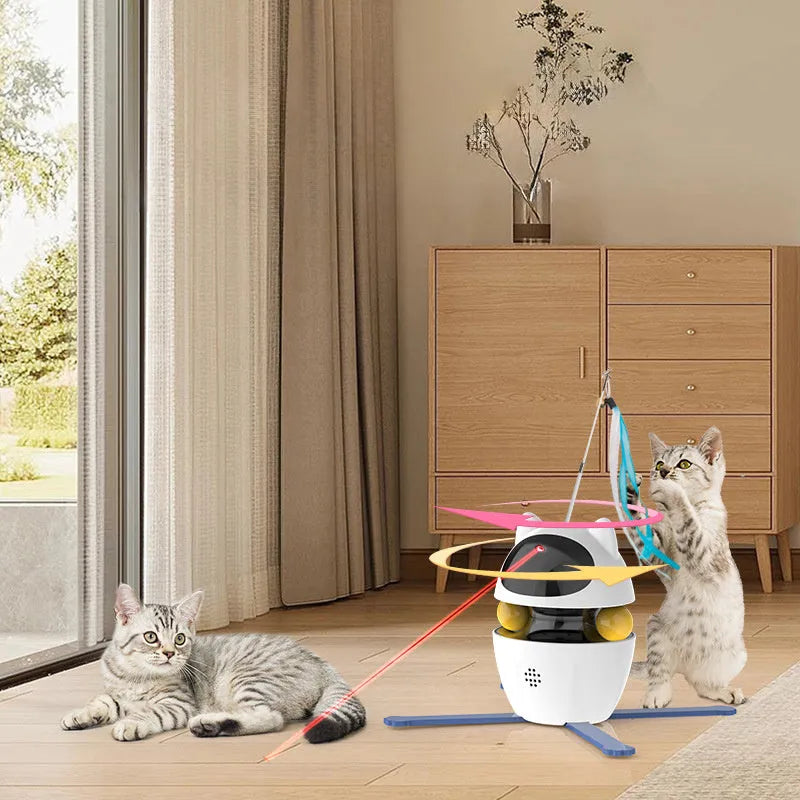 White electronic interactive cat toy with elastic rope attachment on flat surface