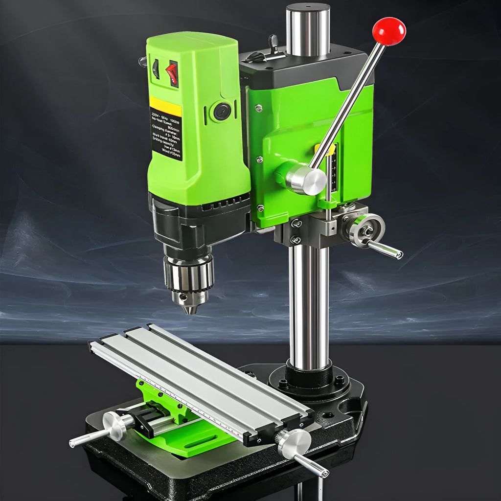 Mini bench drill and milling machine with 1050W drill and bench pliers on a workbench.