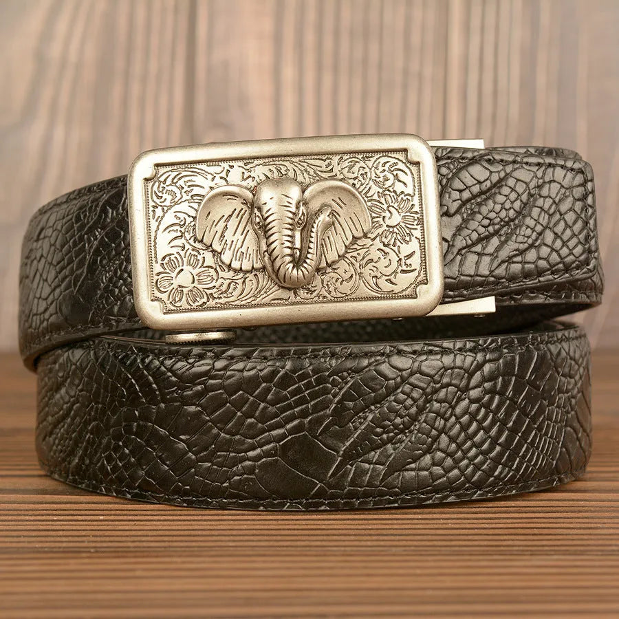 Men's automatic buckle belt, cowhide leather, black alligator pattern, gold alloy buckle, 110-125cm length