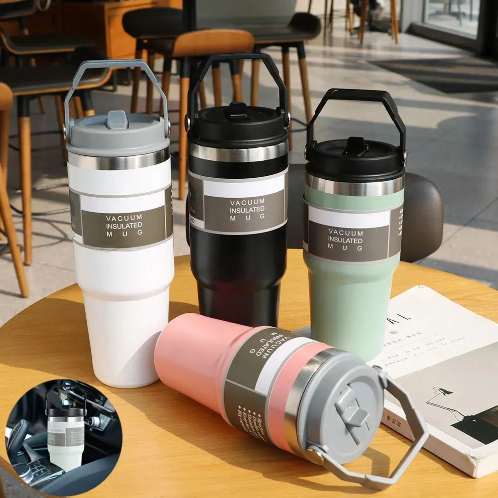 30oz stainless steel travel tumbler with handle and cover in dark pink colour