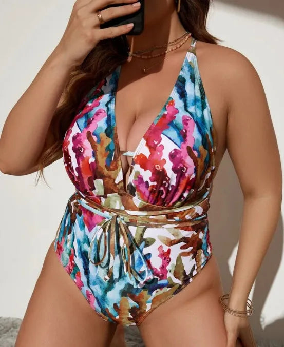 Solid colour halter neck swimsuit bikini for women in purple or blue polyester and spandex fabric