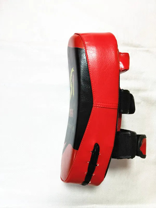 Square black and red hand-held martial arts target pad with strap, showing dimensions.