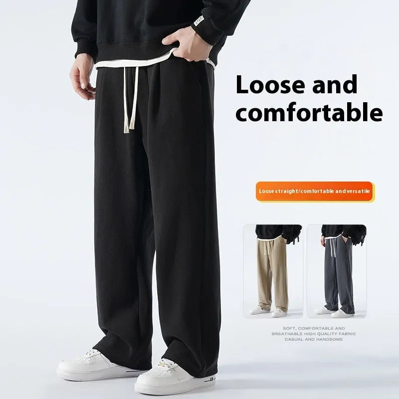 Men's apricot coloured double-sided polar fleece winter pants with a loose fit and drawstring waist.
