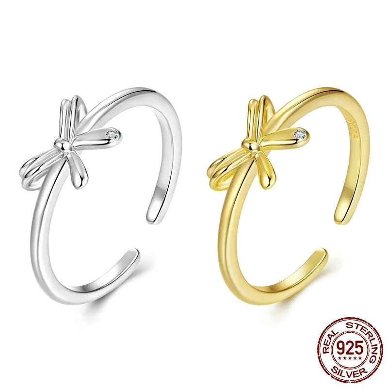 S925 sterling silver bow open ring with adjustable band in silver or gold