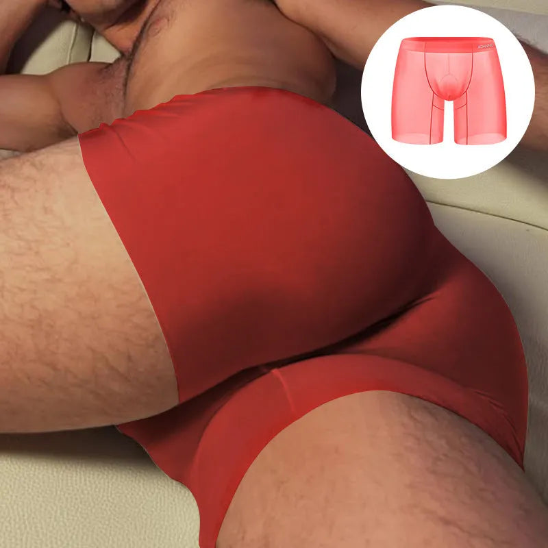 Men's seamless nylon boxer shorts in orange, pink, or red with low-waist athletic design