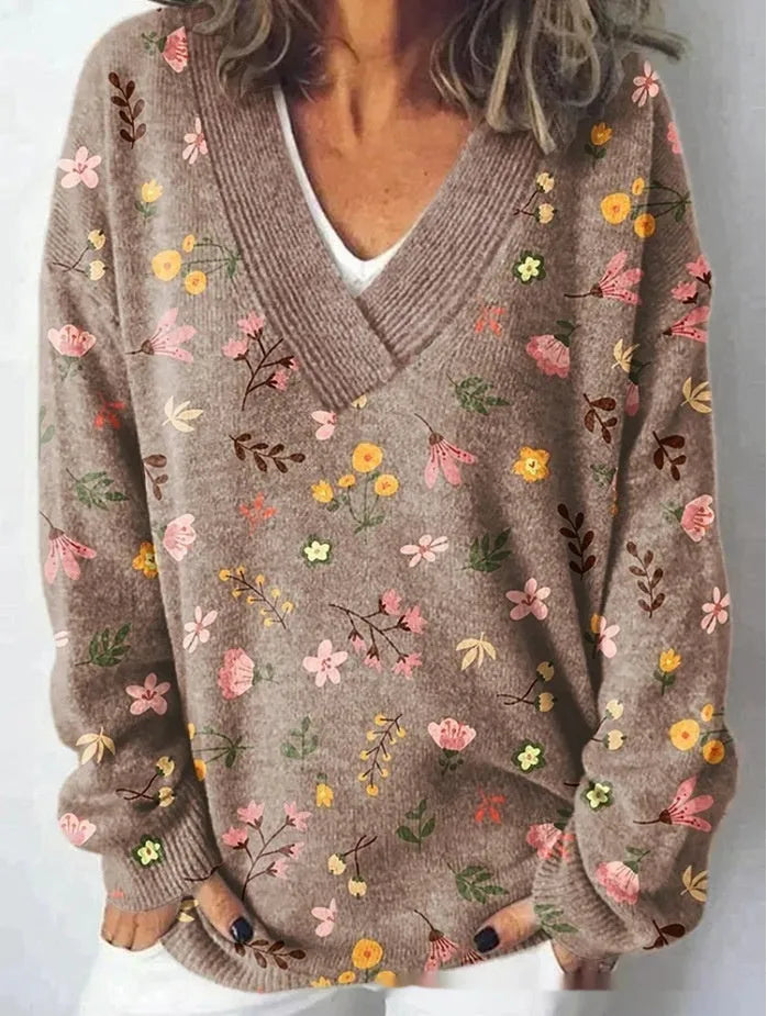 Women's v-neck long sleeve sweatshirt with a raised 3D floral pattern print in multiple colour options