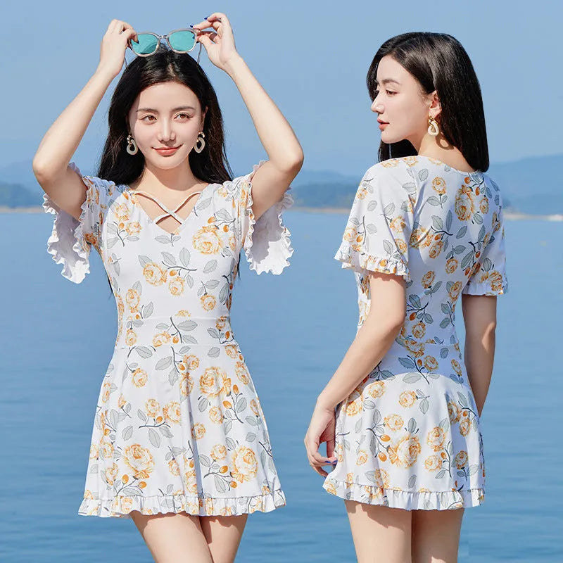 Women's high waist floral print one-piece swimsuit in blue or white pattern