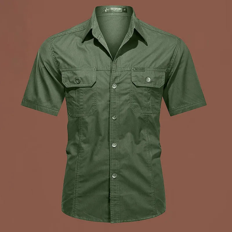 Men's army green cotton work shirt with short sleeves and a cardigan style, laid flat.