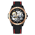Men's rose gold automatic skeleton watch showing mechanical movement through hollow dial
