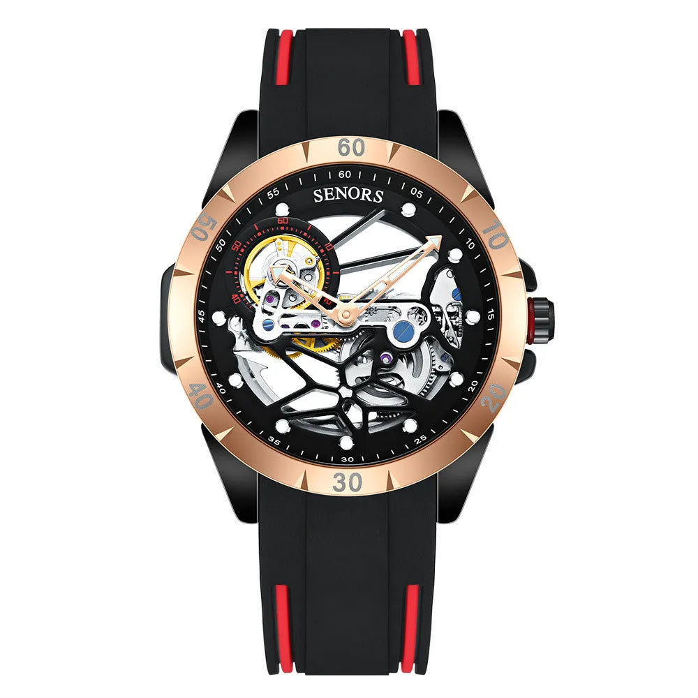 Men's rose gold automatic skeleton watch showing mechanical movement through hollow dial