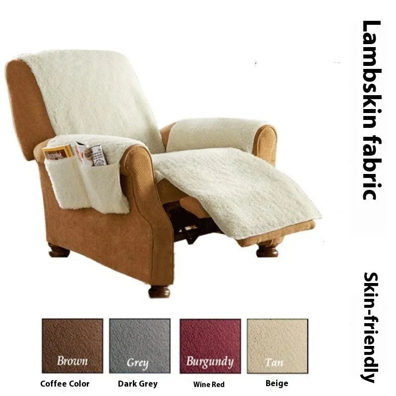 Lambswool-effect polyester sofa slipcover in beige colour on a sofa, showing its universal fit.