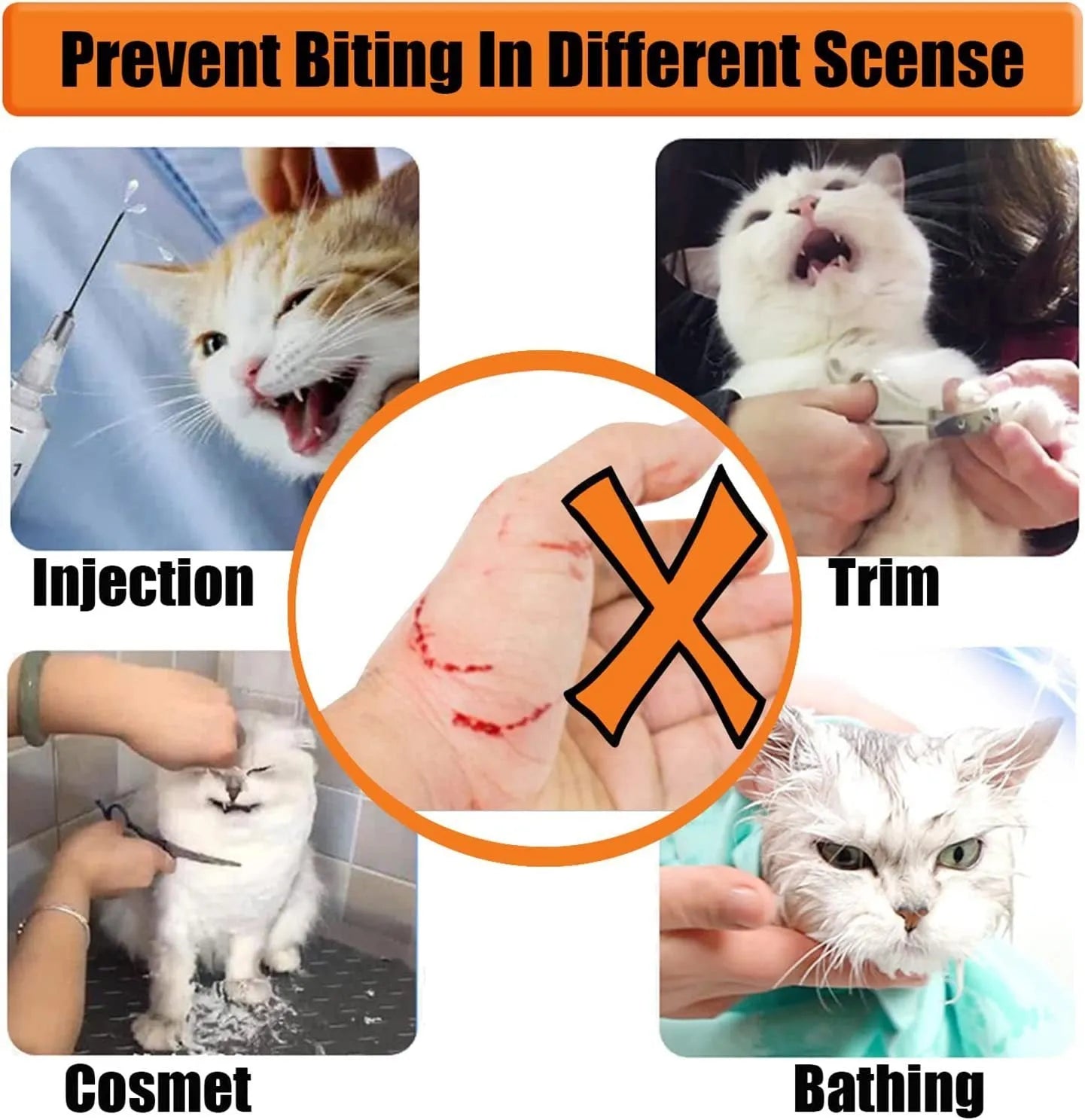 Clear PVC and cotton cat anti-bite muzzle shown in small and medium sizes for grooming.