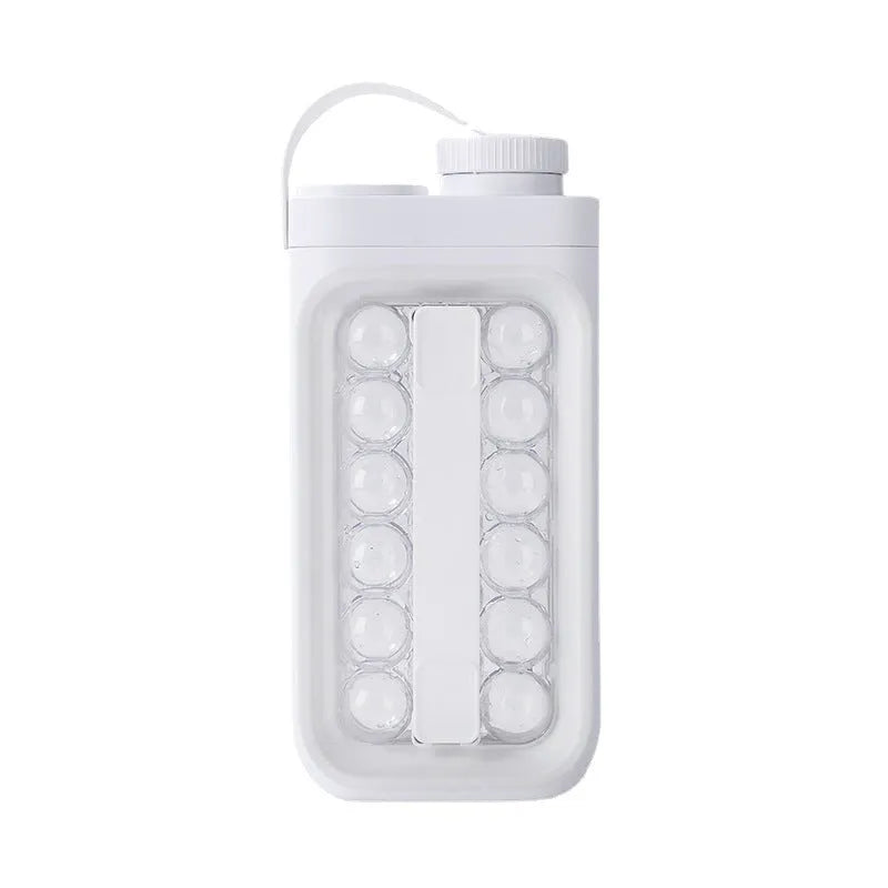 Light blue and white 2-in-1 ice ball maker and cold drink kettle showing 17 ball capacity