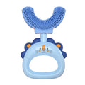 Children's U-shaped silicone toothbrush in blue for ages 2-6 with cute lion design