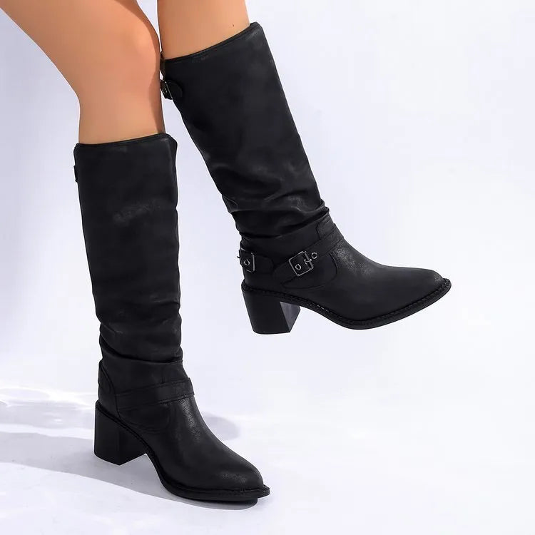 Black women's chunky heel boots with buckle detail, artificial PU upper, rubber sole, tip toe, sizes 36-43