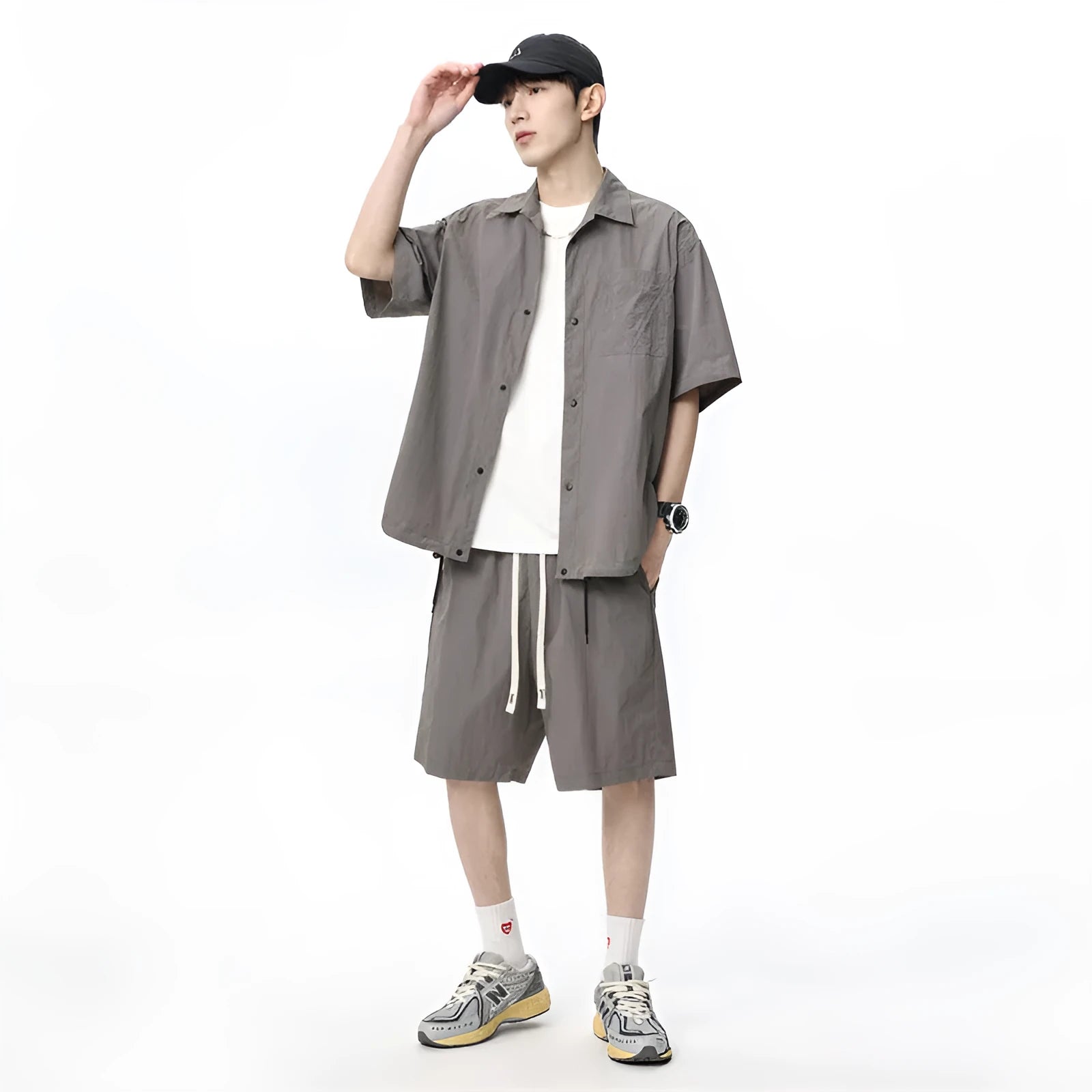 Men's loose-fitting hemp-blend casual shirt and shorts two-piece set in grey