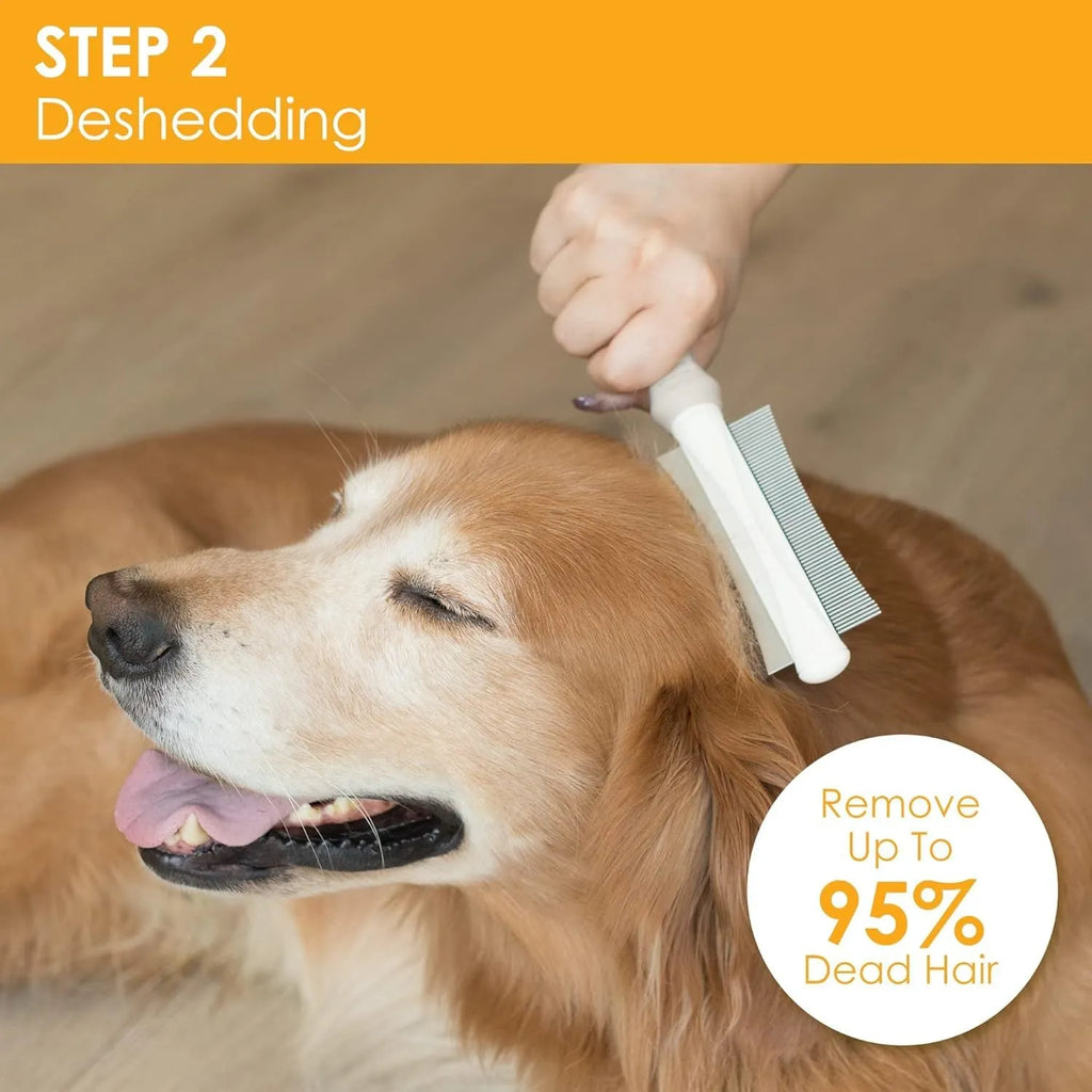 White double-sided pet deshedding brush and comb with ergonomic handle.