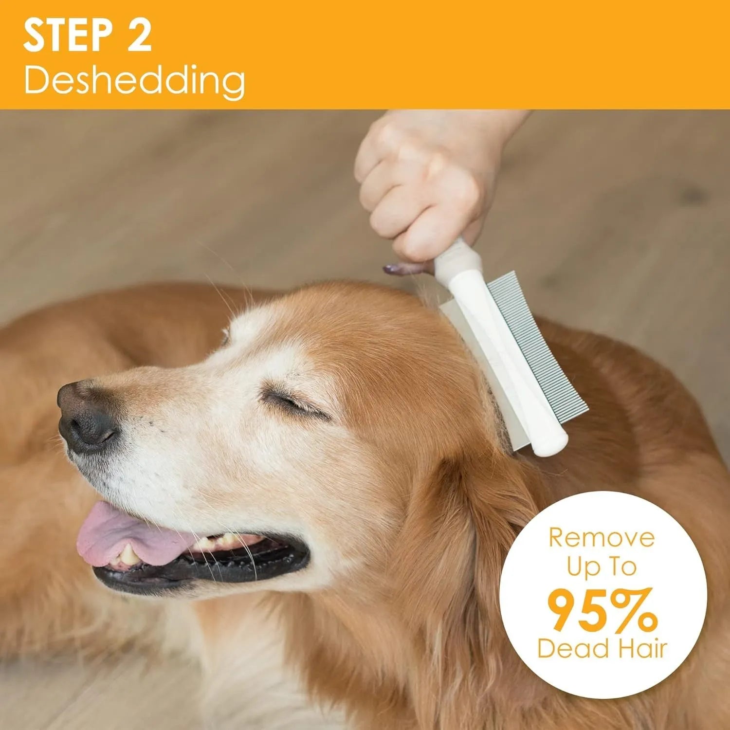 White double-sided pet deshedding brush and comb with ergonomic handle.