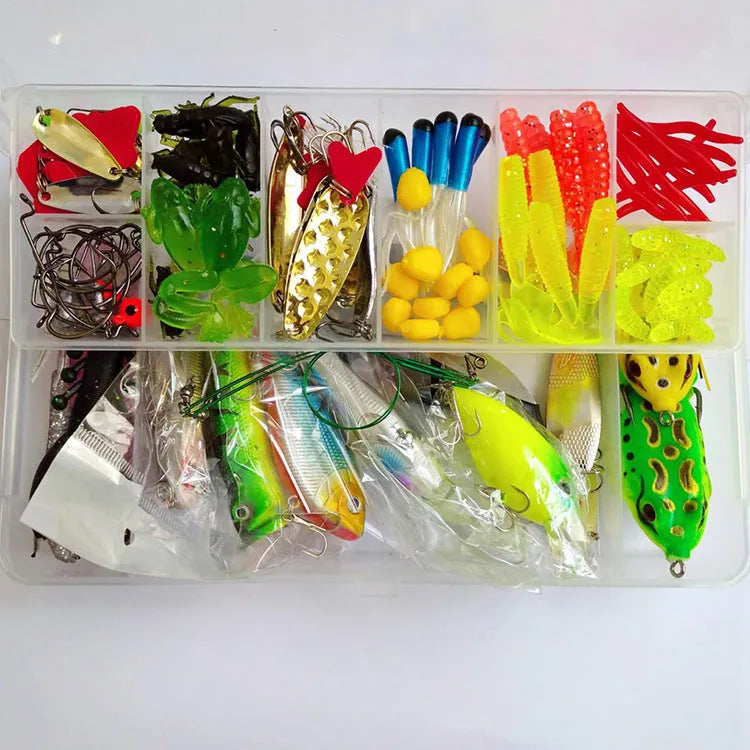 142-piece fishing lure set with hard mino lures, sequins, metal and plastic lures, fishhooks, and fishing pliers on a blue background.