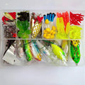 142-piece fishing lure set with hard mino lures, sequins, metal and plastic lures, fishhooks, and fishing pliers on a blue background.