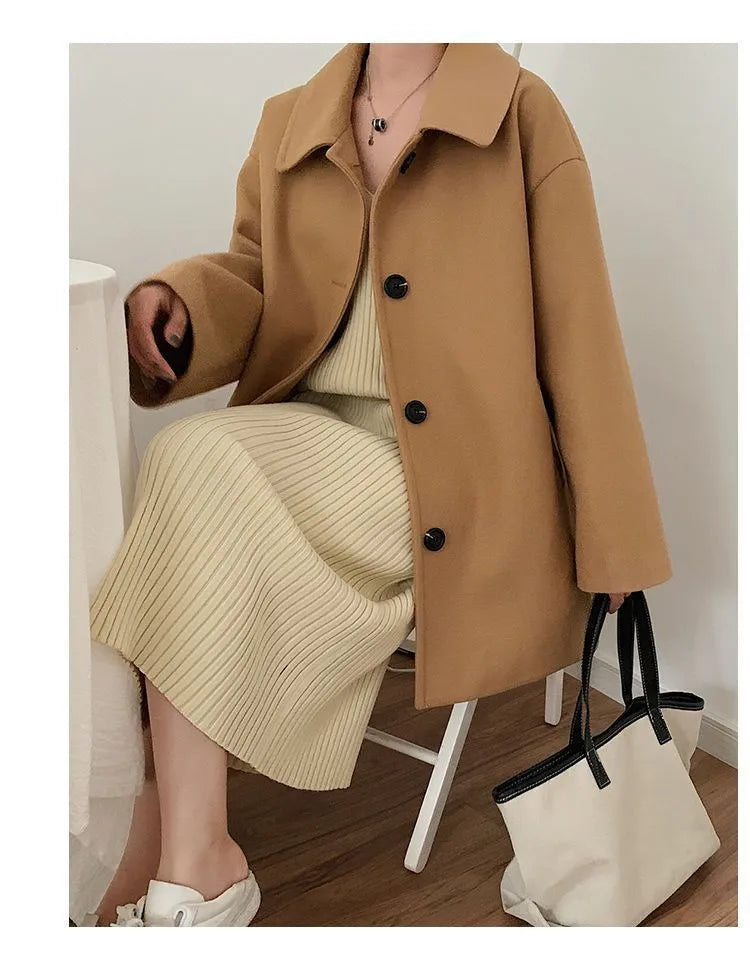 Women's mid-length overcoat, loose straight fit, long sleeves, solid colour, khaki or black, sizes M to 2XL