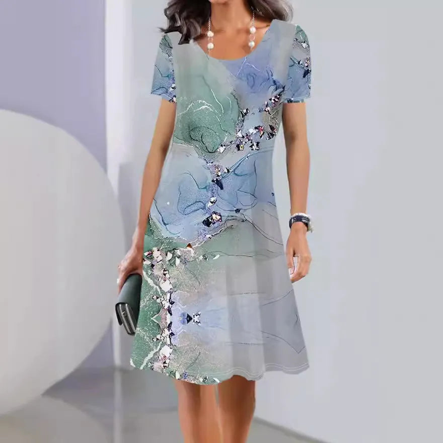 A-line floral print summer dress with short sleeves and a round neck, made from light ice silk fabric.