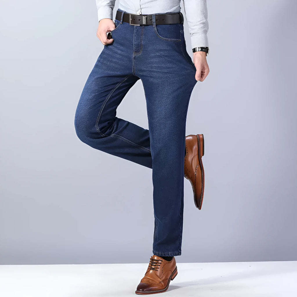 Thickened plush jeans for men, cotton straight tube, blue colour, warm winter casual trousers