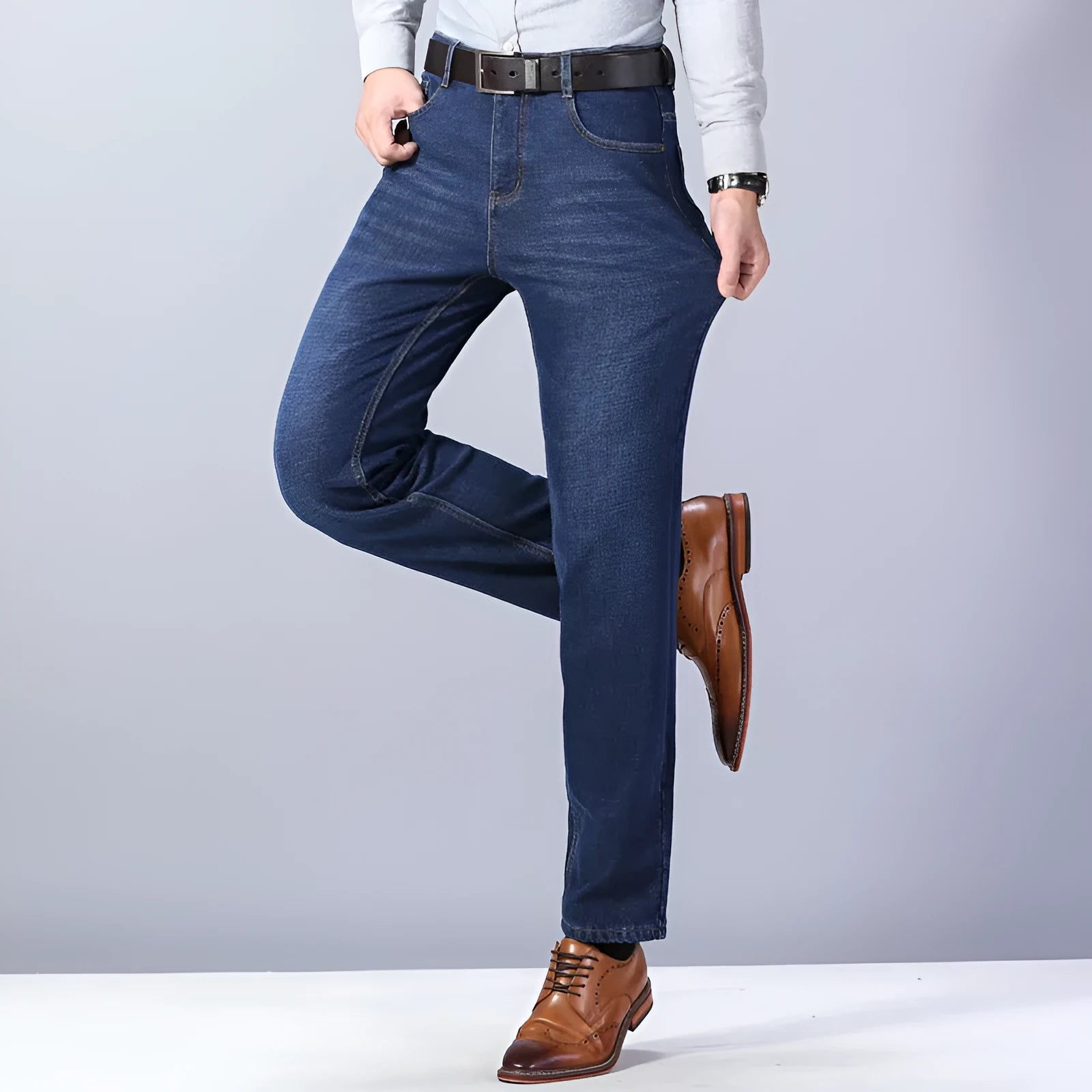 Thickened plush jeans for men, cotton straight tube, blue colour, warm winter casual trousers