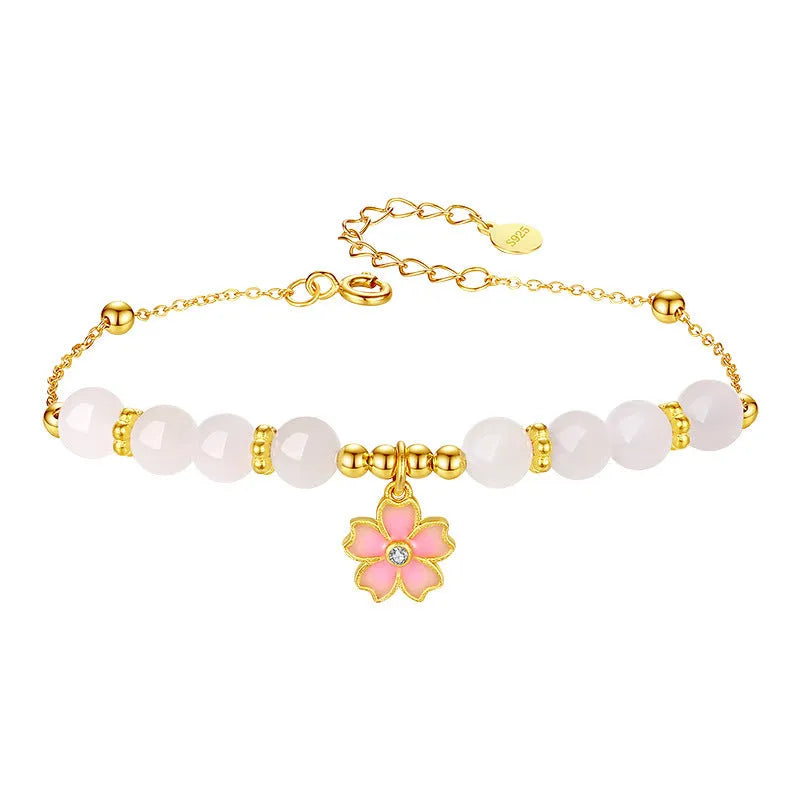 S925 silver cherry blossom pendant bracelet with Hetian jade beads, pink floral women's jewellery