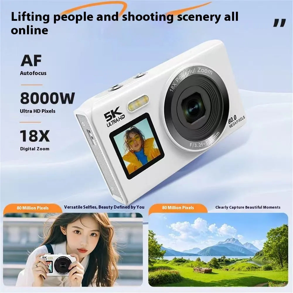 HD dual-screen selfie video digital camera in pink with ABS PC body and Full HD screen