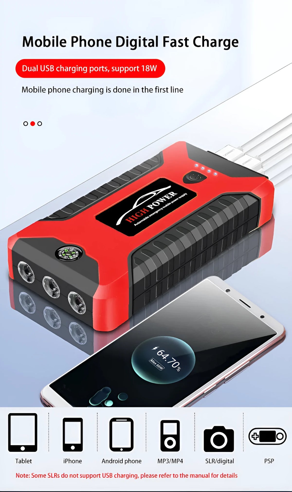 Red car emergency starter power bank 20000mAh with SOS light and USB output on a surface