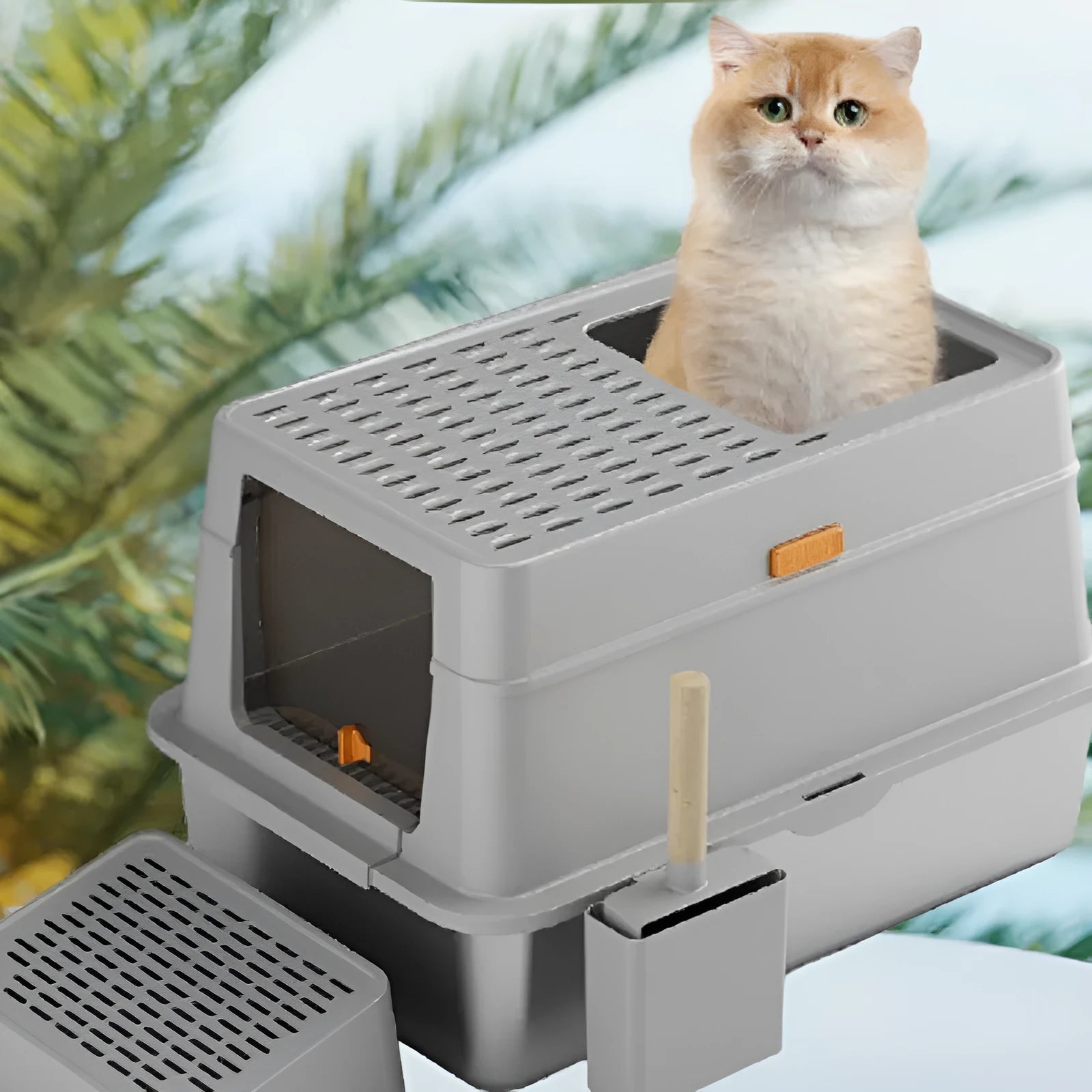 Grey ABS plastic enclosed cat toilet with pedal entry system