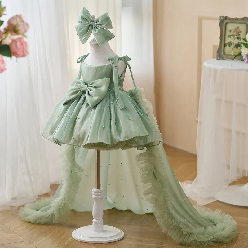 Large trailing mesh children's dress in MHA076 Green, polyester fabric, sizes 80cm to 160cm