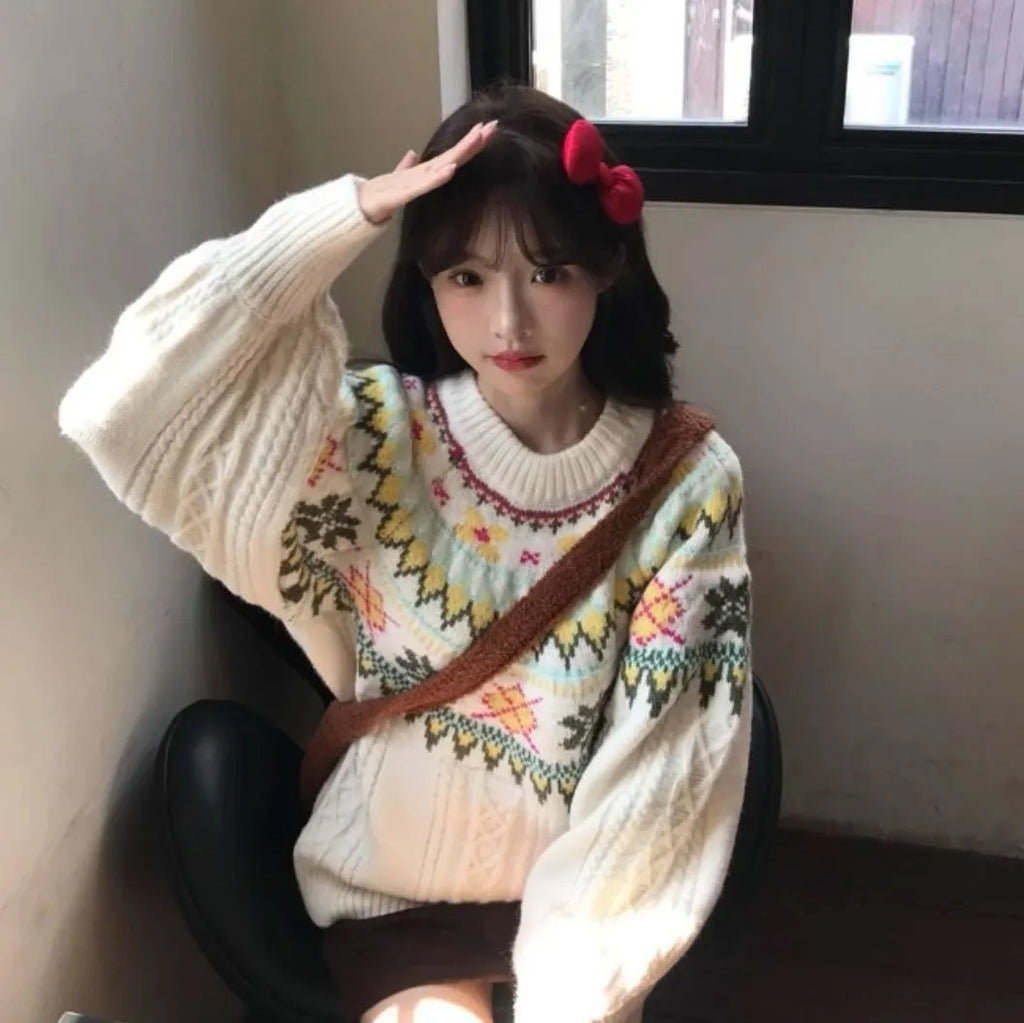 Women's milky white lantern sleeve mori knitwear pullover sweater on hanger