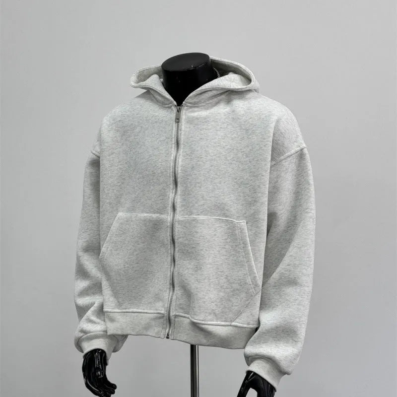 Men's light gray hooded casual coat with a distinctive backpack design on the back.