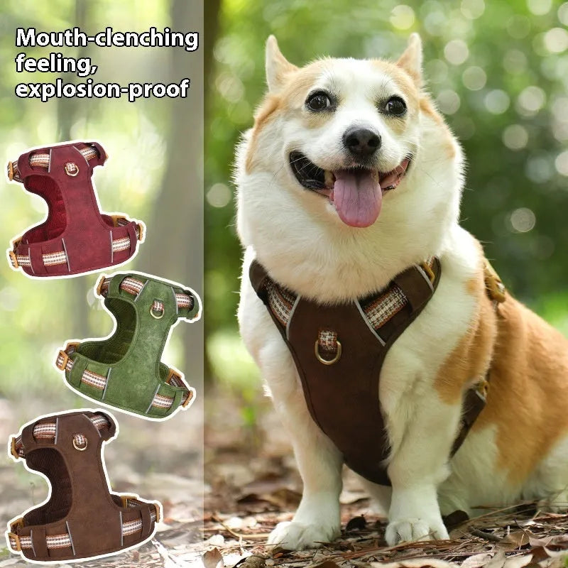 Brown leather dog harness with reflective strips and metal D-ring for lead attachment
