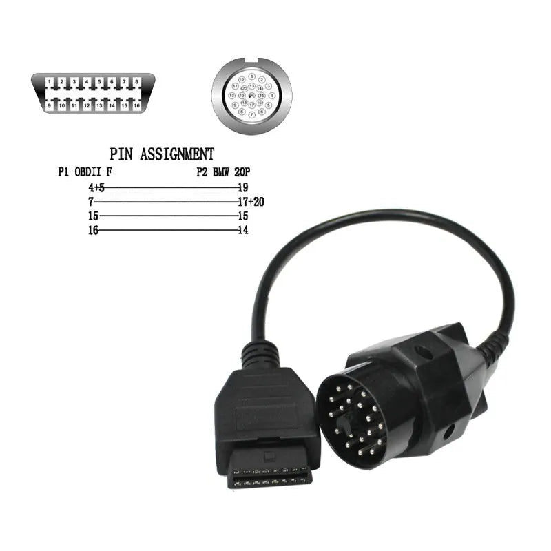 BMW 20-pin to OBD2 16-pin diagnostic connector cable adapter for scan tools.