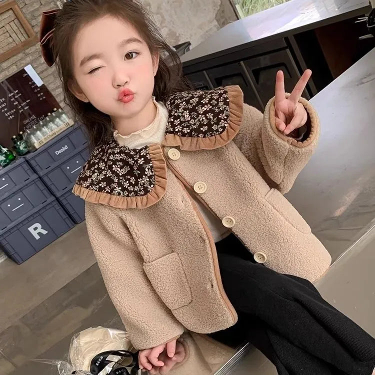 Mori style girls' fleece-lined winter coat in khaki colour for toddlers, long sleeves, polyester outer