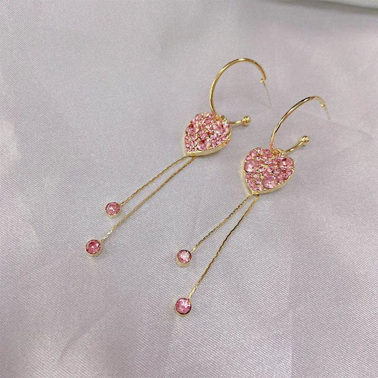 Alloy geometric heart tassel earrings in pink with baking varnish finish frosty style