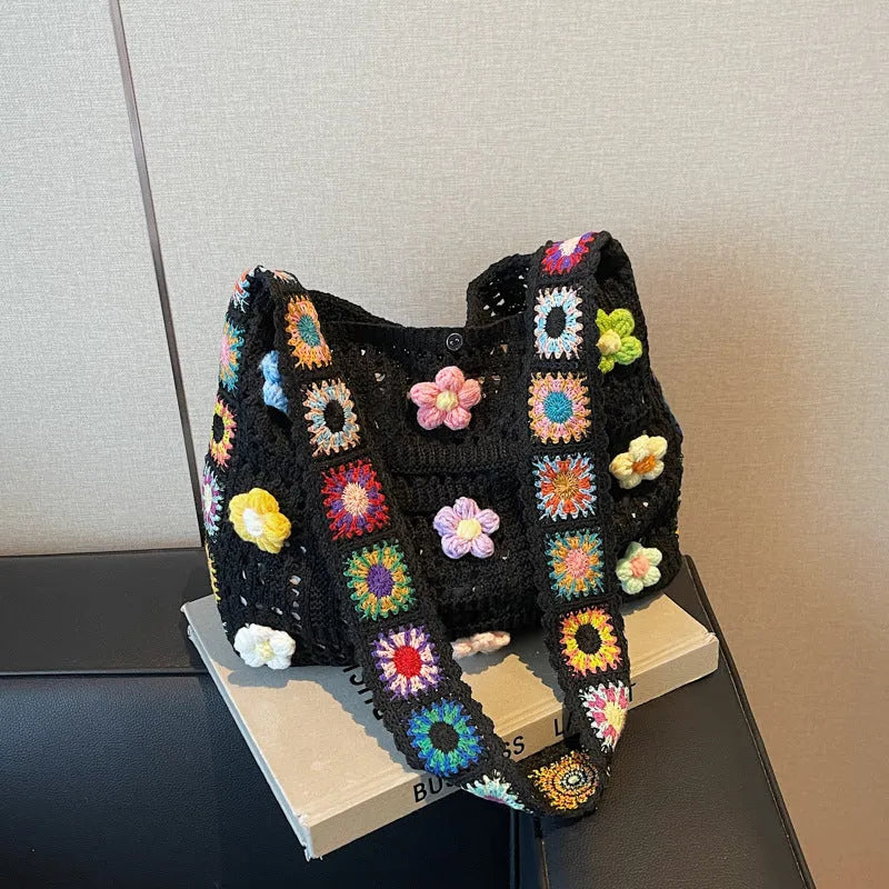Casual woven hollow knit beach shoulder bag in polyester with large 30cm width capacity