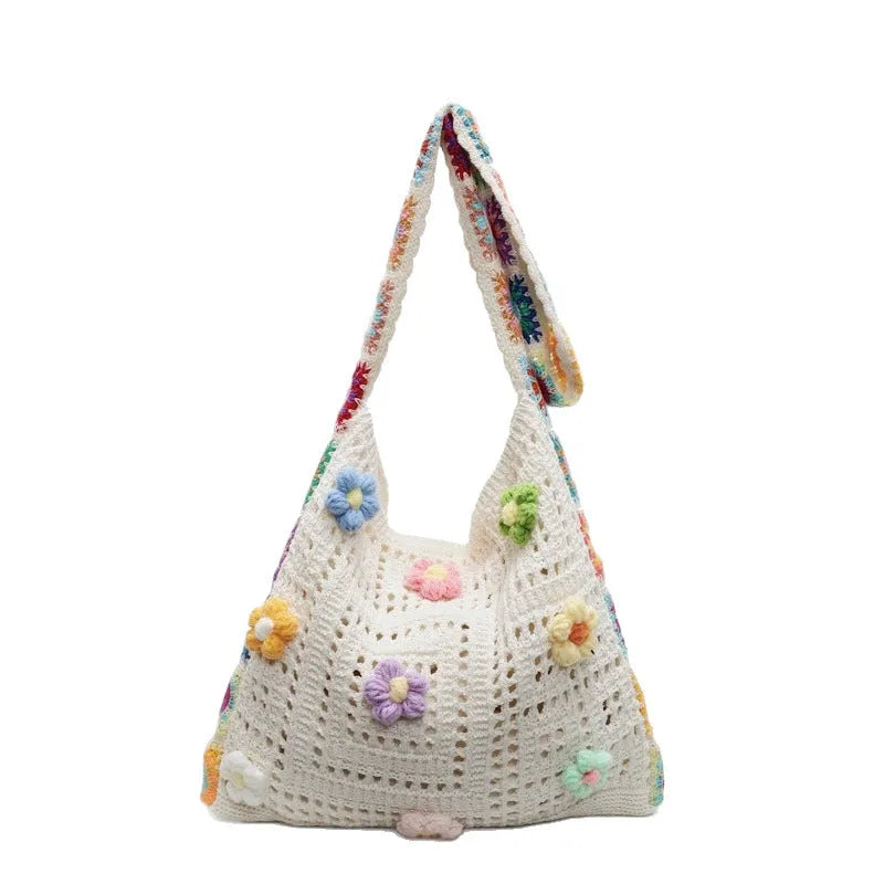 Casual woven hollow knit beach shoulder bag in polyester with large 30cm width capacity