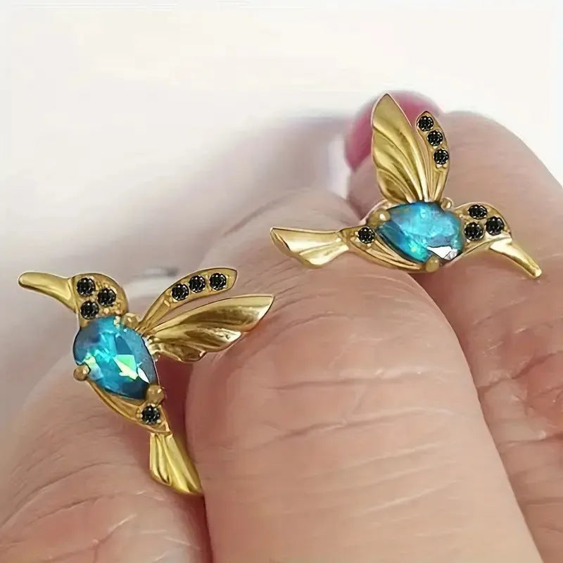 Bird hanging long earrings for women with mixed zirconium wings in blue, red, and red lvzuan colour options