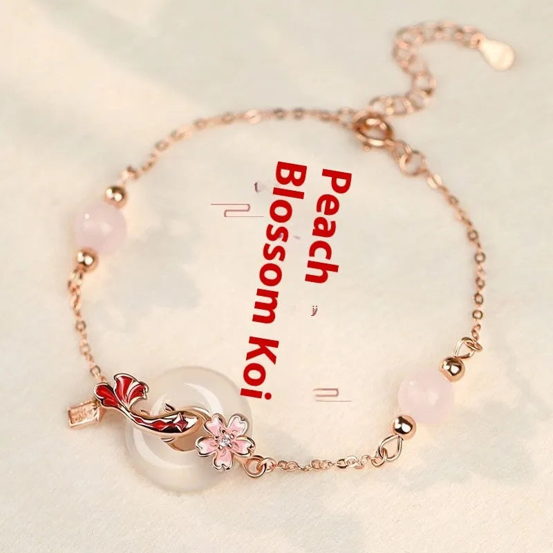 S925 sterling silver new Chinese style bracelet with floral design, white chalcedony crystals and koi details