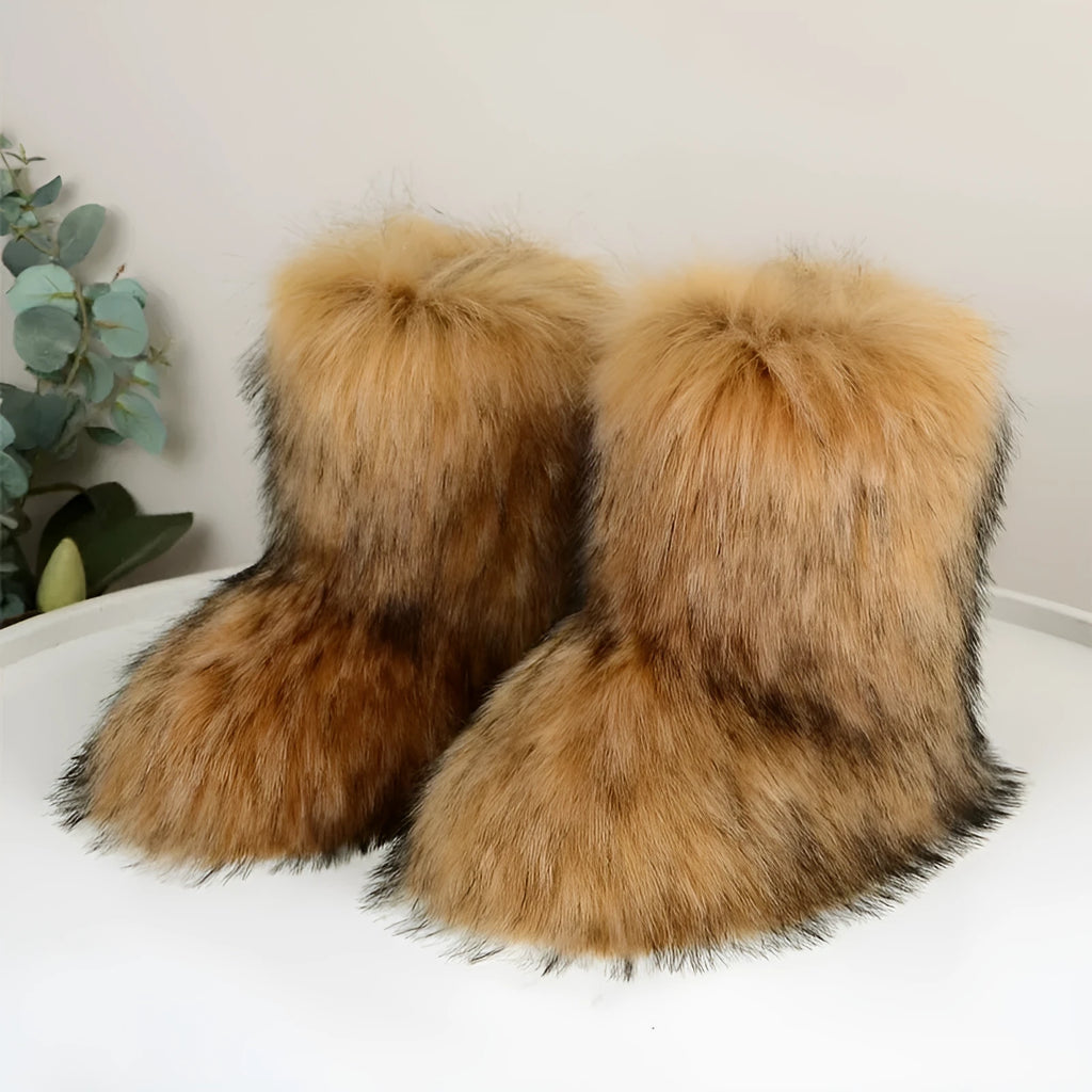Women's mid-calf faux fur winter boots with flat heel and plush lining, shown in imitation raccoon fur khaki