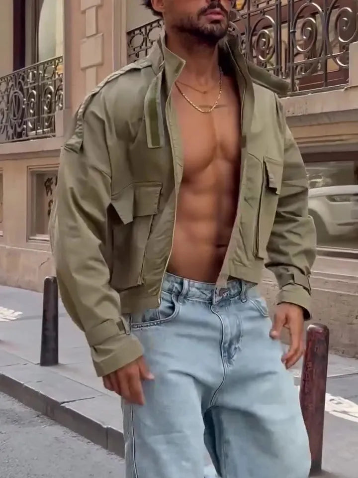 Cropped utility jacket in olive green with cargo pockets and patchwork design on a model
