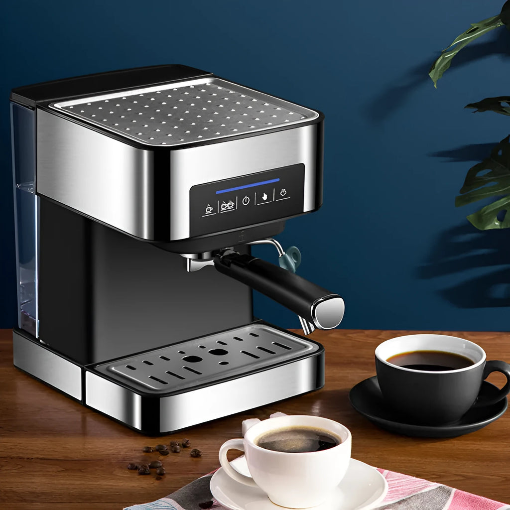 Black home espresso machine with steam milk frother, 1.6L tank, 850W, touch controls, EU plug