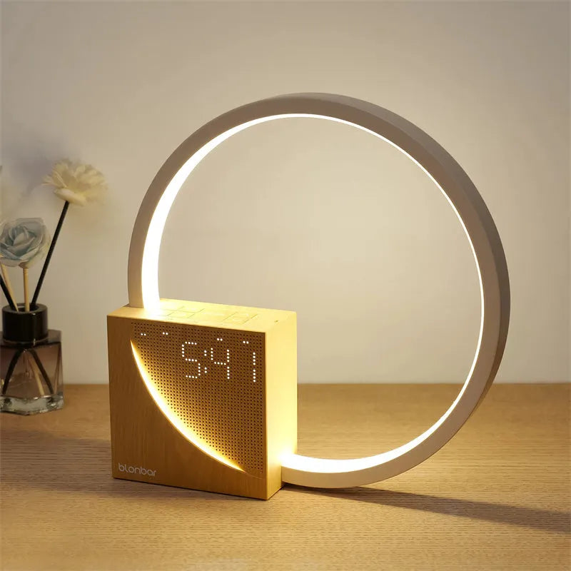 Touch control desk lamp with digital alarm clock display and natural sounds player in wooden finish