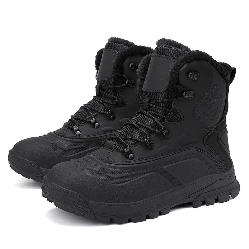 Men's black high-top fleece-lined winter boots with flat heel and lace-up front